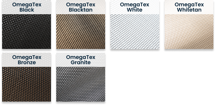 Six fabric swatches showing OmegaTex material in different colors: Black (solid black textured weave), Blacktan (black with tan diagonal pattern), White (white with subtle texture), Whitetan (cream/beige textured), Bronze (dark with bronze highlights), and Granite (gray with dotted texture). Each swatch displays the characteristic woven mesh-like texture of OmegaTex fabric with corresponding color labels.